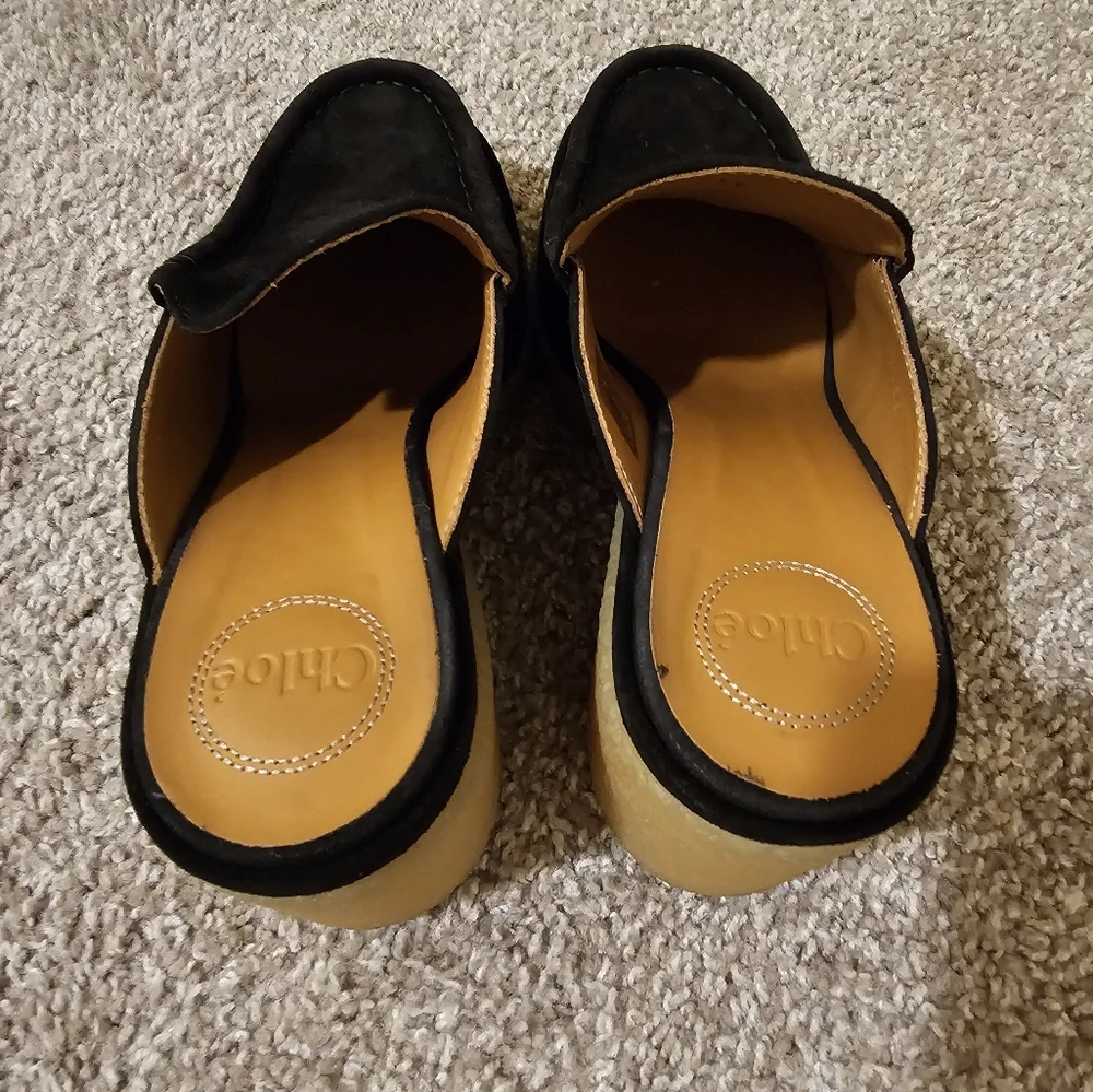 Chloé Black Suede Mules with Cream Crepe Platform - Picture 9 of 12
